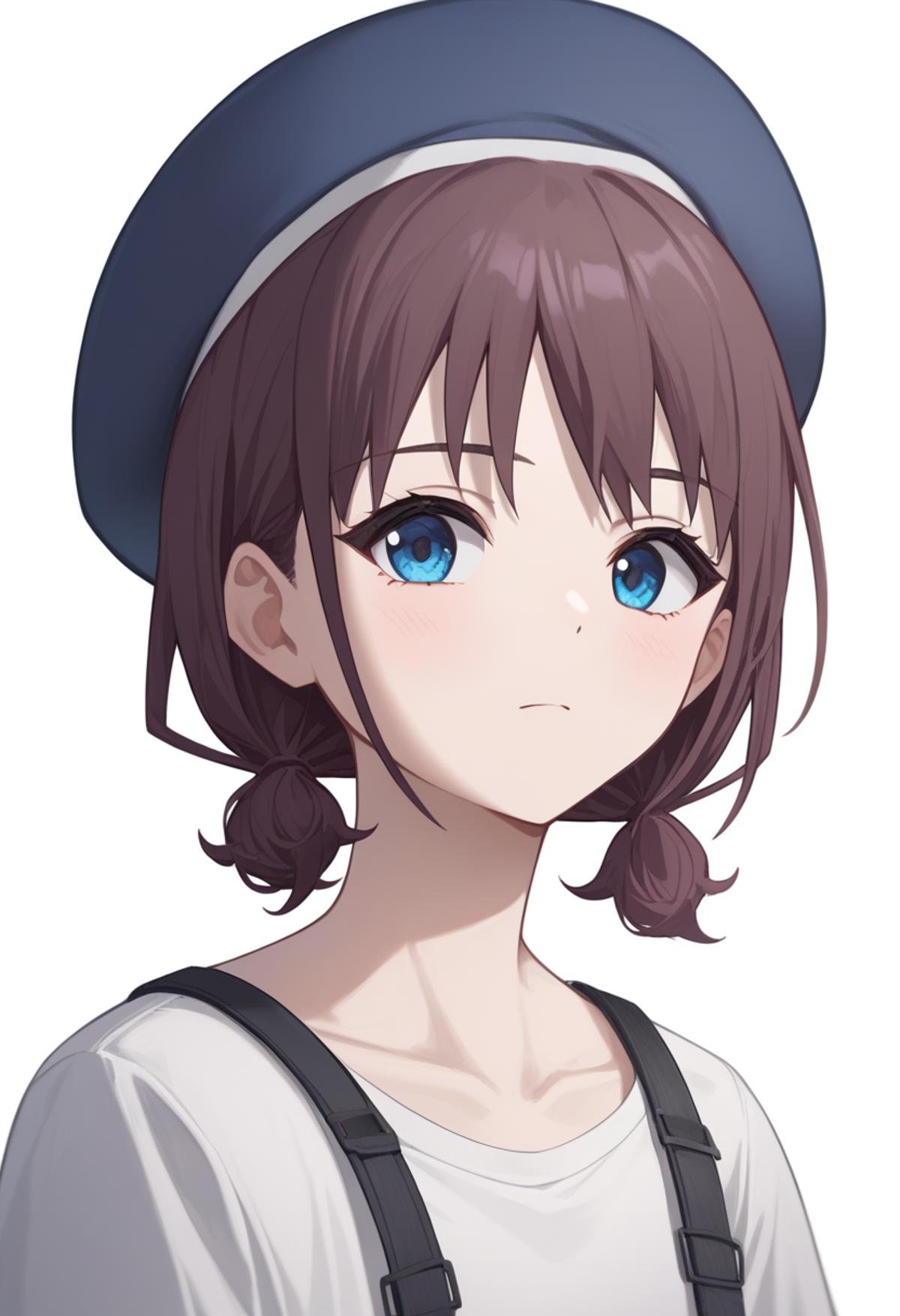 score_9,score_8_up,score_7_up,<lora:Iseri_Nina_pony:1>,iseri_nina, 1girl, absurdres, black_beret, blue_eyes, brown_hair, collarbone, commentary, highres, looking_at_viewer, low_twintails, short_hair, short_twintails, signature, simple_background, solo, upper_body, white_background, white_shirt