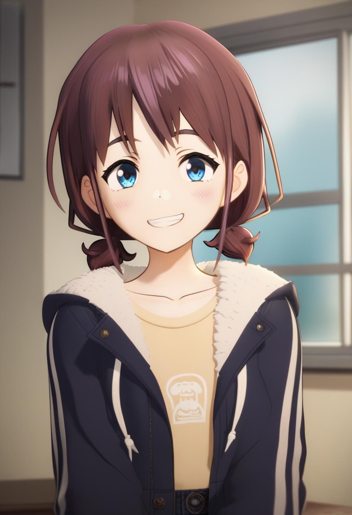 score_9,score_8_up,score_7_up,<lora:Iseri_Nina_pony:1>,iseri_nina, 1girl, solo, blue_eyes, looking_at_viewer, indoors, collarbone, short_twintails, brown_hair, low_twintails, grin, upper_body, blush, yellow_shirt, short_hair, black_jacket, fur_trim, open_jacket, 3d