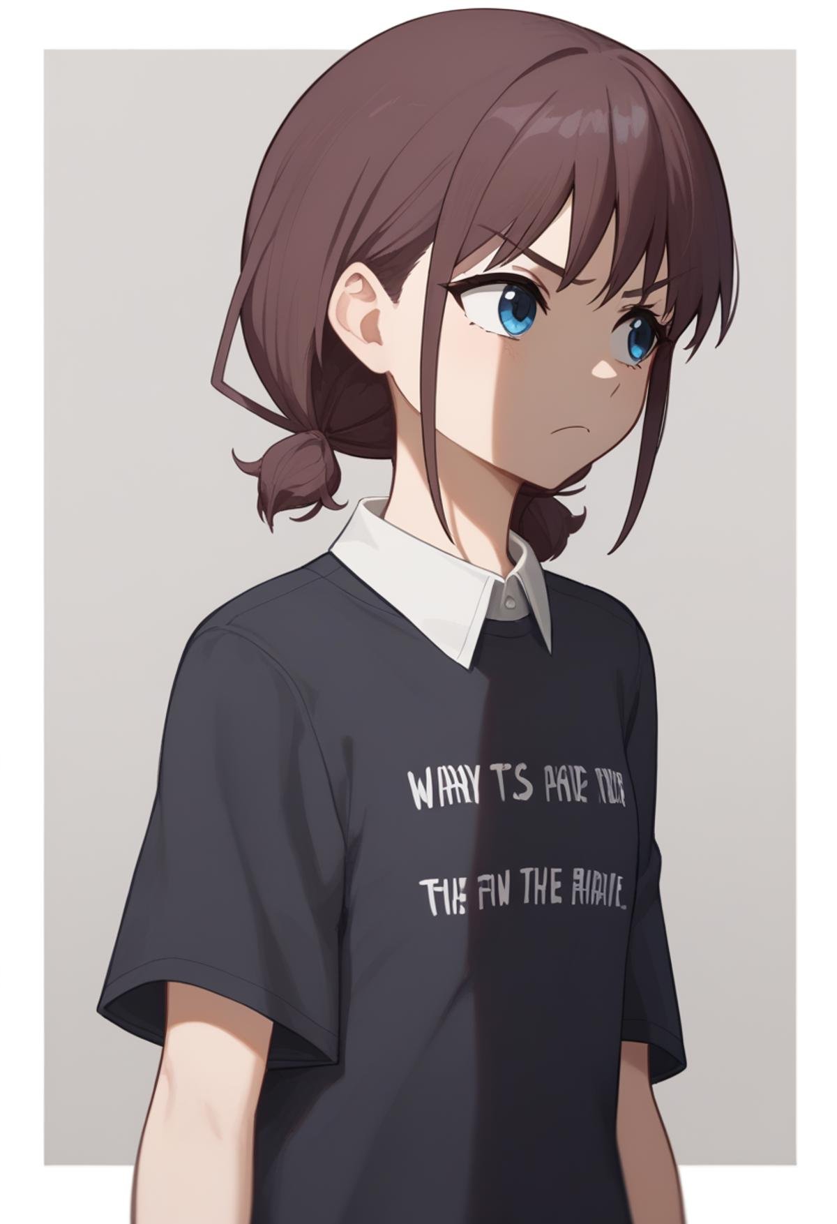 score_9,score_8_up,score_7_up,<lora:Iseri_Nina_pony:1>,iseri_nina, 1girl, arms_at_sides, black_shirt, blue_eyes, brown_hair, closed_mouth, clothes_writing, collared_shirt, english_text, grey_background, hashtag-only_commentary, highres, light_frown, looking_to_the_side, low_twintails, shadow, short_hair, short_sleeves, short_twintails, sidelocks, solo, upper_body, white_border, white_shirt