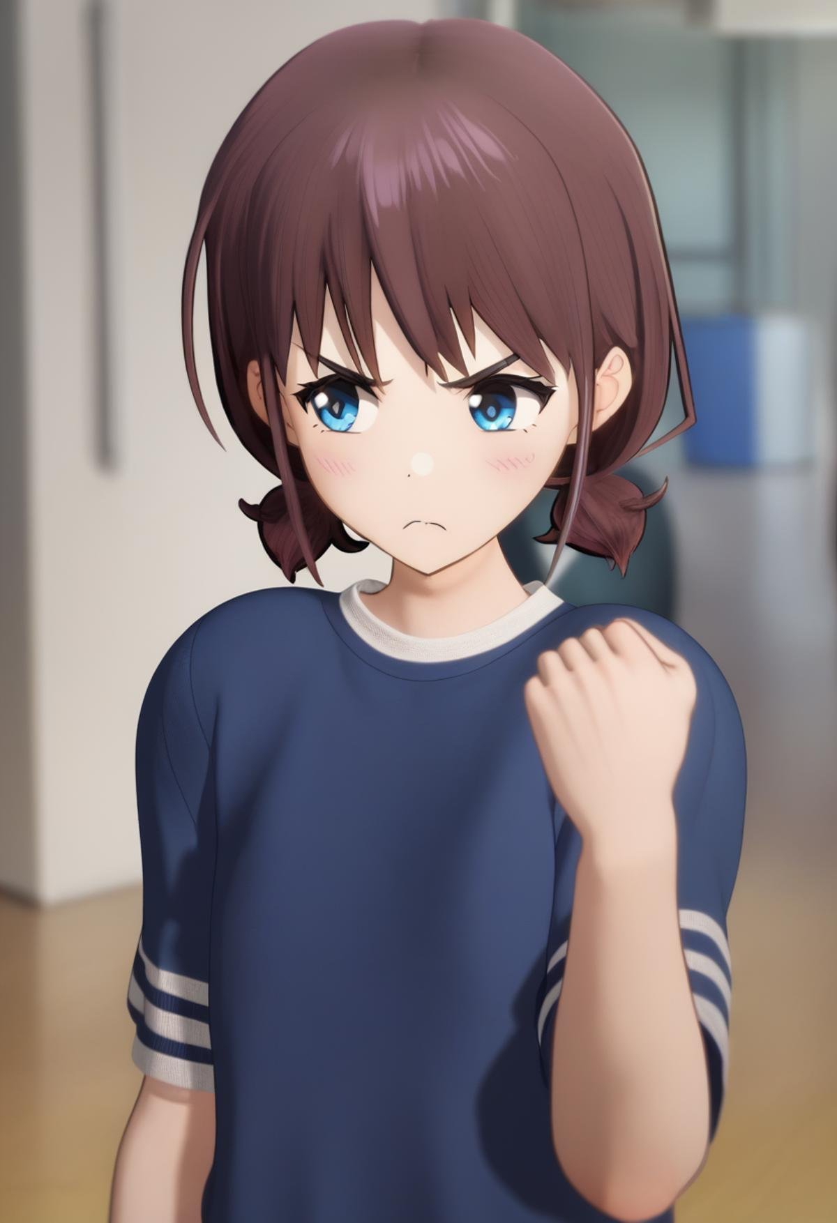 score_9,score_8_up,score_7_up,<lora:Iseri_Nina_pony:1>,iseri_nina, 1girl, solo, blue_eyes, brown_hair, low_twintails, sportswear, short_twintails, blush, closed_mouth, blue_shirt, upper_body, short_sleeves, clenched_hands, frown, blurry_background, v-shaped_eyebrows, looking_to_the_side, 3d