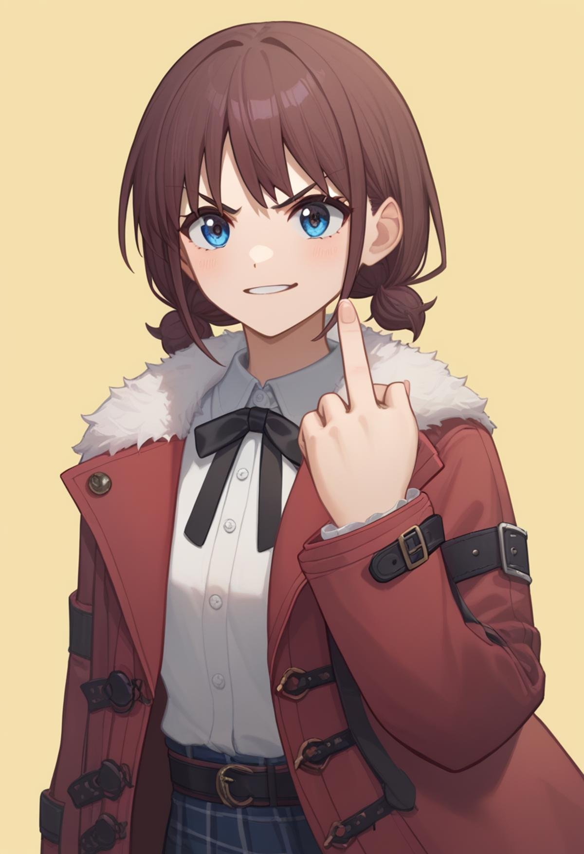 score_9,score_8_up,score_7_up,<lora:Iseri_Nina_pony:1>,iseri_nina,1girl,^_^,black_ribbon,brown_hair,commentary,double_middle_finger,highres,long_sleeves,neck_ribbon,open_coat,red_coat,short_hair,solo,upper_body,white_shirt,yellow_background,