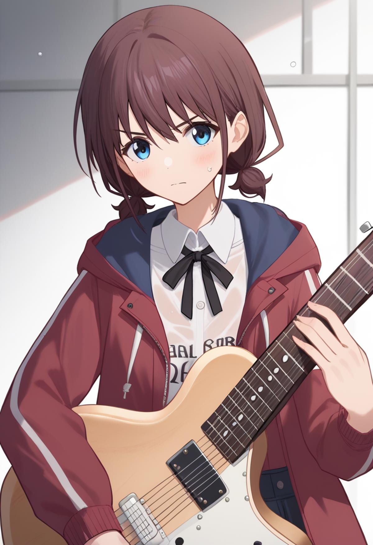 score_9,score_8_up,score_7_up,<lora:Iseri_Nina_pony:1>,iseri_nina, 1girl, black_ribbon, blue_eyes, blush, brown_hair, closed_mouth, collared_shirt, copyright_name, electric_guitar, fender_jazzmaster, hair_between_eyes, hood_down, hooded_jacket, hugging_object, long_sleeves, looking_at_viewer, low_twintails, neck_ribbon, official_art, open_jacket, red_jacket, short_hair, short_twintails, sleeves_past_wrists, solo, upper_body, wet, white_shirt