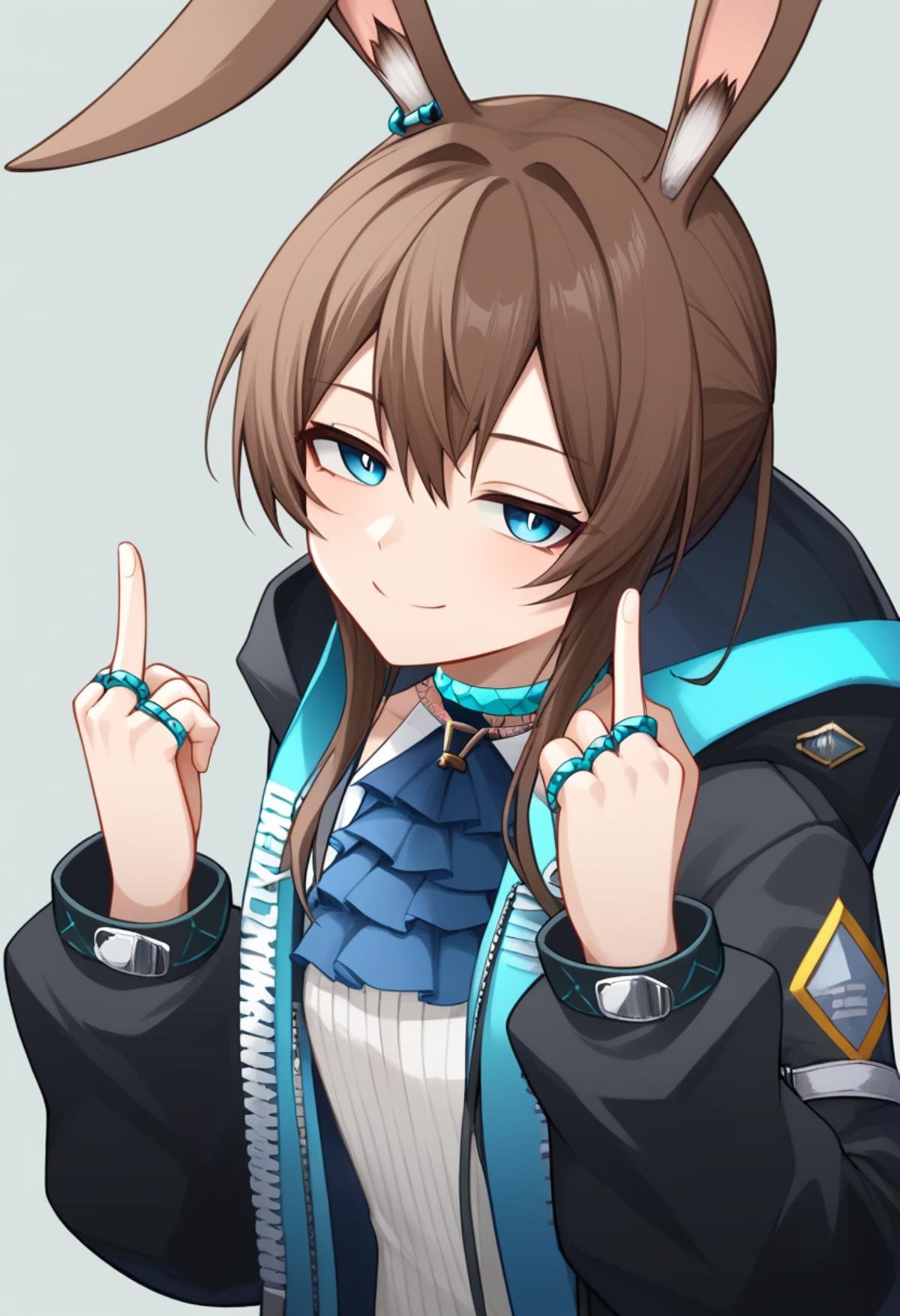 score_9,score_8_up,score_7_up,<lora:earknights_all:1>,1girl, amiya_\(arknights\), solo, upper_body, hands_up, smile, brown_hair, long_hair, sidelocks, absurdres, highres, black_jacket, blue_ascot, blue_eyes, double_middle_finger, grey_background, half-closed_eyes, long_sleeves, looking_at_viewer, material_growth, multiple_rings, open_clothes, oripathy_lesion_\(arknights\), rabbit_ears, rabbit_girl, simple_background, straight-on, thumb_ring