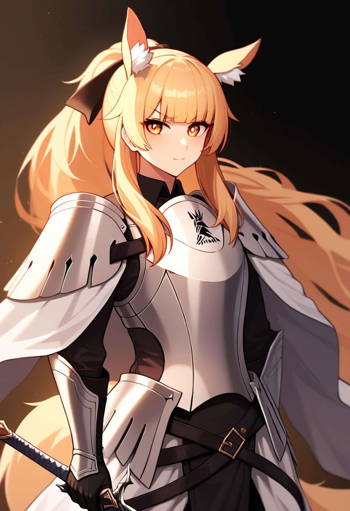 score_9,score_8_up,score_7_up,<lora:arknight_all_v2:1>,1girl, absurdres, black_gloves, black_ribbon, blemishine_\(arknights\), blonde_hair, blunt_bangs, breastplate, commentary, cowboy_shot, hair_ribbon, highres, horse_ears, horse_girl, long_hair, looking_at_viewer, orange_eyes, planted_sword, plate_armor, sidelocks, solo, standing, v-shaped_eyebrows, vambraces