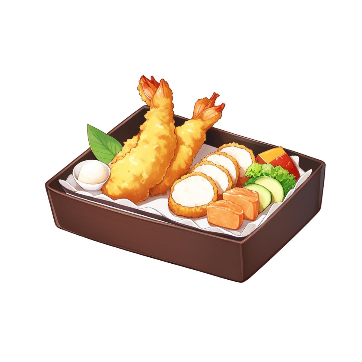 <lora:game_food_v1:1>,food_focus, no_humans, still_life, simple_background, lemon_slice, shrimp_tempura, bento, white_background, omelet