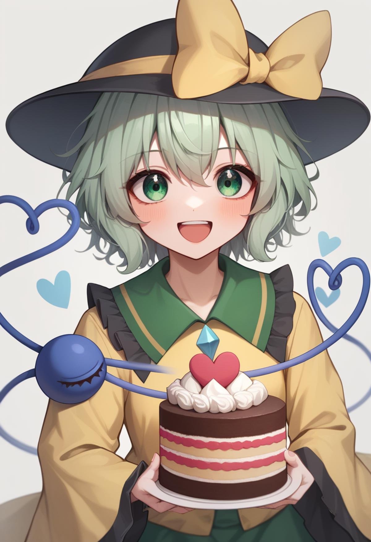 score_9,score_8_up,score_7_up,<,,,<lora:komeiji_koishi:1>,,,,komeiji_koishi, 1girl, third_eye, yellow_shirt, black_hat, green_hair, frilled_sleeves,  frilled_shirt_collar, wide_sleeves, hat_bow, green_eyes, green_skirt, heart_of_string, yellow_bow, hat_ribbon,  diamond_button, yellow_ribbon, eyeball,,happy_birthday,holding_cake,birthday_cake ,big cake, ,