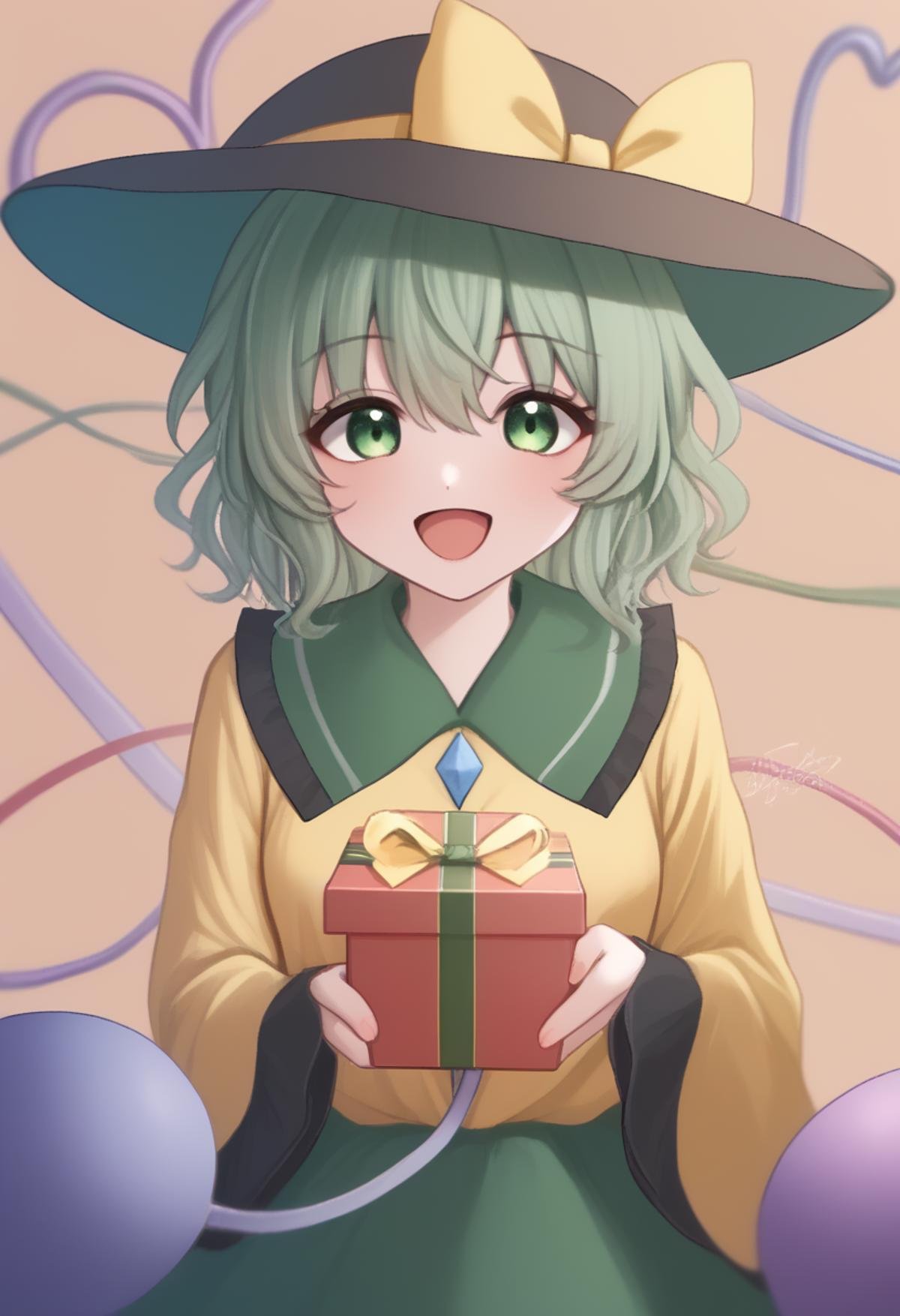 score_9,score_8_up,score_7_up,<,,,,,,,,,,<lora:komeiji_koishi:1>,komeiji_koishi, 1girl, yellow_shirt, black_hat, green_hair, frilled_sleeves,  frilled_shirt_collar, wide_sleeves, hat_bow, green_eyes, green_skirt, yellow_bow, hat_ribbon,  diamond_button, yellow_ribbon, eyeball,,happy_birthday,holding_gift, , gift box , gift,,<lora:happy_birthday_pony:1>,,,,,