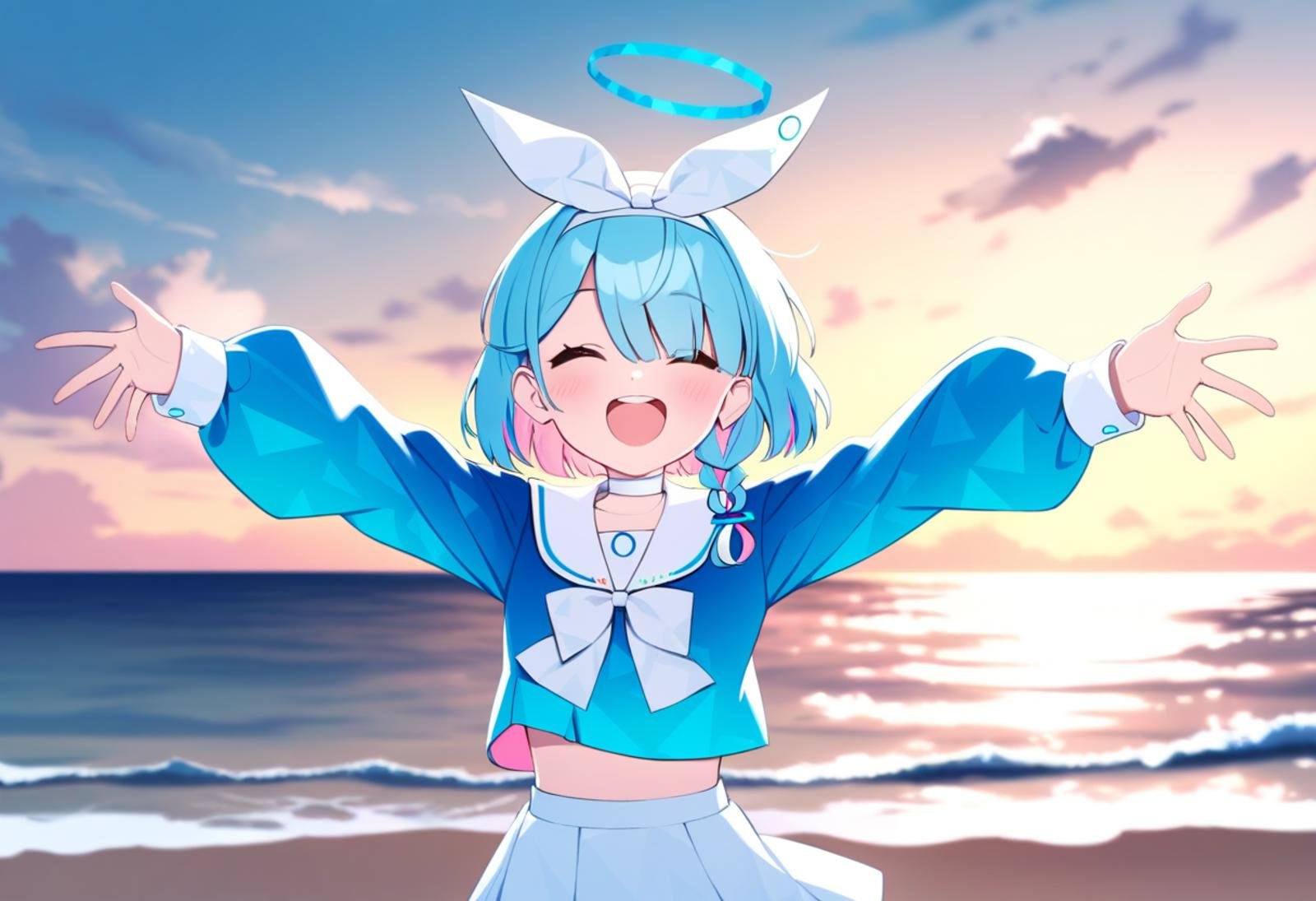 masterpiece,best quality,very aesthetic,absurdres,<lora:blue_archive_pv_a3:1>,1girl, arona_\(blue_archive\), solo, blue_hair, smile, white_choker, open_mouth, white_sailor_collar, long_sleeves, ocean, pink_hair, outdoors, white_skirt, sky, colored_inner_hair, facing_viewer, serafuku, short_hair, upper_body, blue_shirt, cloud, bow, beach, single_braid, white_hairband, upper_teeth_only, ribbon, two-tone_hair, blue_halo, ^_^, horizon, water, reaching_towards_viewer