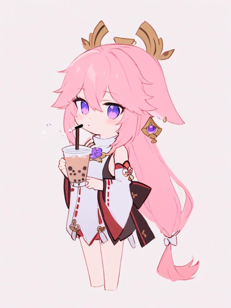 1girl, solo, yae_miko, drinking_straw, pink_hair, white_background, chibi, long_hair, bubble_tea, detached_sleeves, wide_sleeves, simple_background, holding, purple_eyes, hair_between_eyes, japanese_clothes, bangs, holding_cup, drinking, long_sleeves, cup, disposable_cup, full_body, shirt, ribbon-trimmed_sleeves, sleeveless_shirt, looking_at_viewer, hair_ornament, white_shirt, standing, very_long_hair, animal_ears, fox_ears, ribbon_trim, jewelry, nontraditional_miko, white_sleeves,<lora:八重:1>,