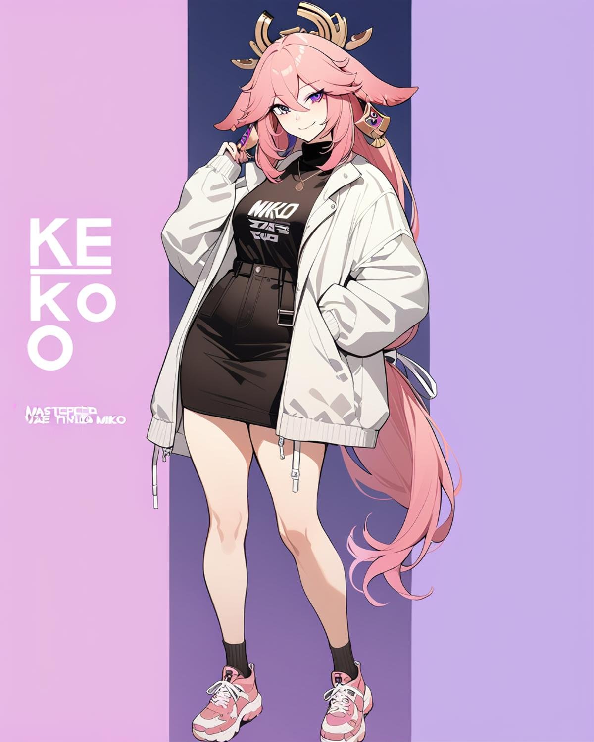 masterpiece, best quality， <lora:八重:1>，1girl, yae miko, solo, purple eyes, pink hair, full body, pink footwear, looking at viewer, fox ears, alternate costume, character name, long sleeves, english text, standing, smile, black dress, socks, white jacket, bangs, sneakers, very long hair, open jacket, hair between eyes, ponytail, ring, casual, floppy ears, contemporary