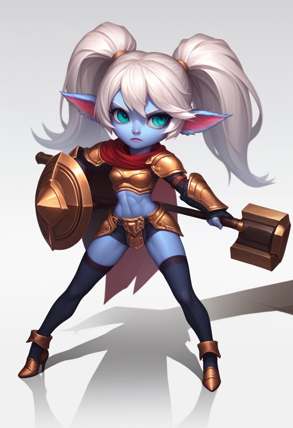 score_9,score_8_up,score_7_up,<lora:league_of_legends_pony:1>,1girl, solo, blue_skin, long_hair, white_hair, twintails, armor, cape, shoes, thighhighs, high_heels, shield, weapon, highres, aqua_eyes, commentary_request, gauntlets, midriff, photoshop_\(medium\), pointy_ears, poppy_\(league_of_legends\), war_hammer, yordle