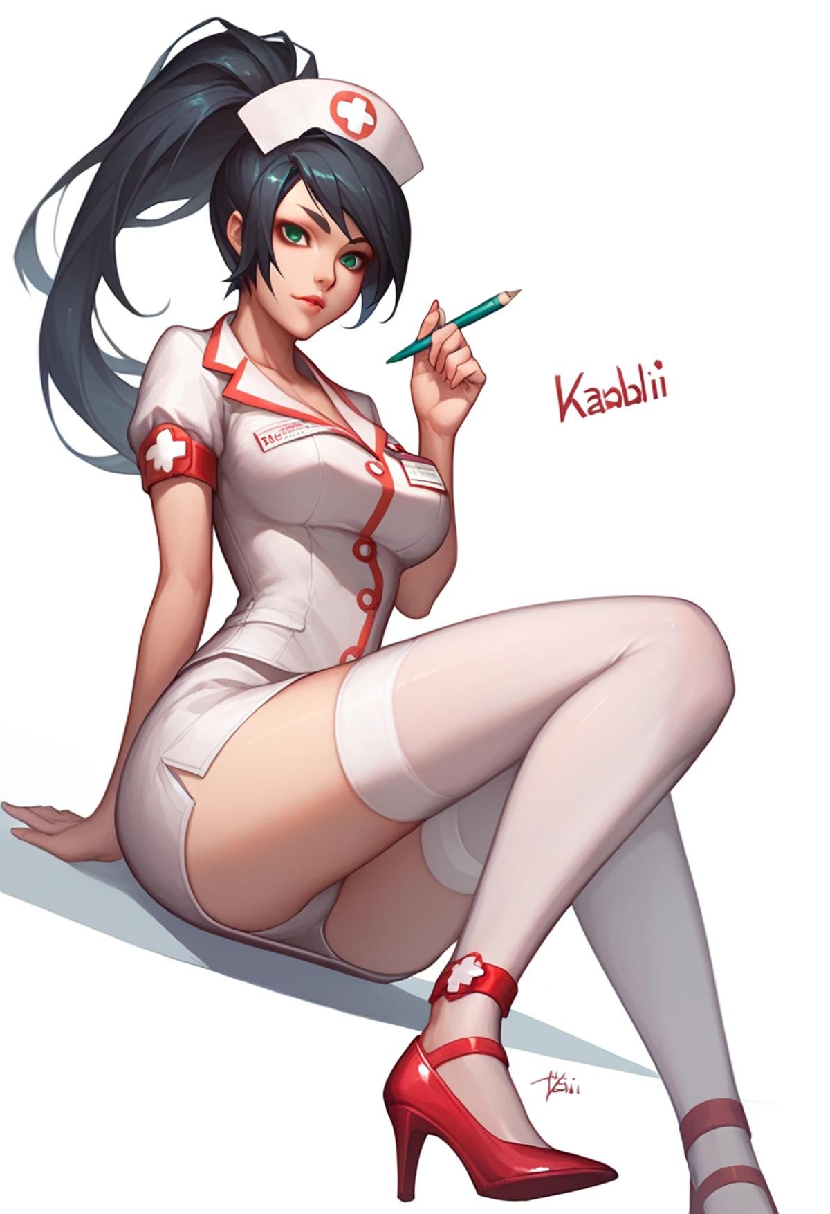 score_9,score_8_up,score_7_up,<lora:league_of_legends_pony:1>,1girl, akali_\(legacy\), solo, black_hair, long_hair, ponytail, shoes, thighhighs, high_heels, character_name, commentary_request, green_eyes, nurse_akali, nurse_cap, pencil, photoshop_\(medium\)