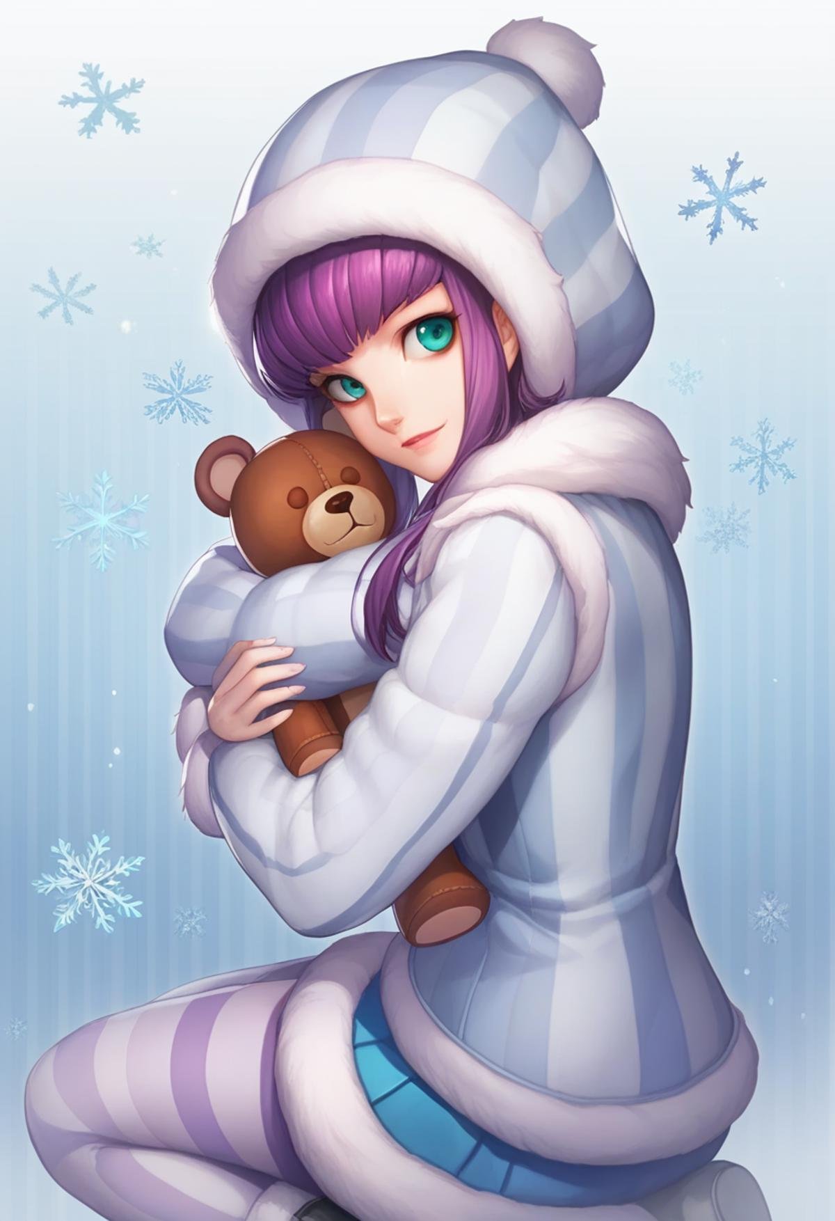 score_9,score_8_up,score_7_up,<lora:league_of_legends_pony:1>,1girl, from_side, purple_hair, sidelocks, alternate_costume, boots, scarf, hood, ribbon, vertical_stripes, :p, annie_\(league_of_legends\), aqua_eyes, character_name, child, coat_dress, commentary_request, diagonal_stripes, english_text, frostfire_annie, fur_trim, gradient, hug, long_sleeves, looking_at_viewer, photoshop_\(medium\), snowflakes, sparkle, stitches, striped_background, teddy_bear, tibbers, winter_coat