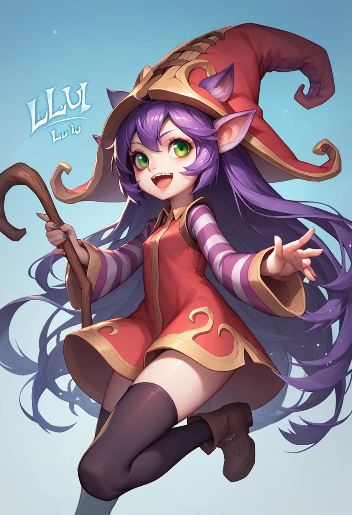 score_9,score_8_up,score_7_up,<lora:league_of_legends_pony:1>,1girl,lulu_\(league_of_legends\),solo,purple_hair,very_long_hair,character_name,commentary_request,green_eyes,personification,photoshop_\(medium\),pointy_ears,witch_hat,