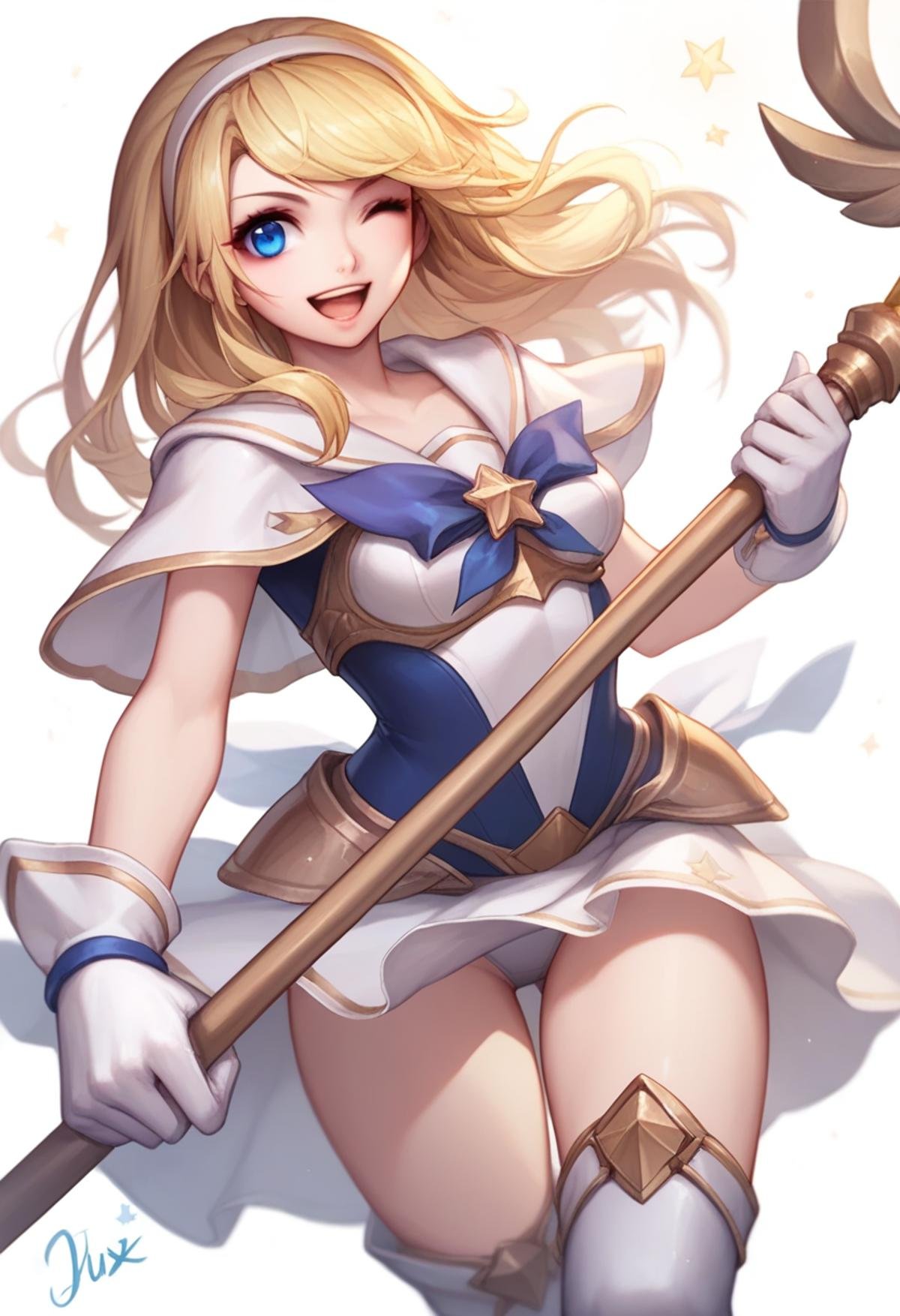 score_9,score_8_up,score_7_up,<lora:league_of_legends_pony:1>,1girl,lux_\(league_of_legends\),solo,smile,blonde_hair,long_hair,hairband,;d,blue_eyes,character_name,commentary_request,one_eye_closed,open_mouth,photoshop_\(medium\),staff,white_gloves,