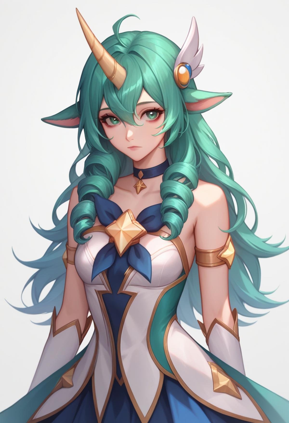 score_9,score_8_up,score_7_up,<lora:league_of_legends_pony:1>,1girl, animal_ears, artist_name, closed_mouth, cowboy_shot, detached_sleeves, expressionless, gem, green_brooch, green_eyes, green_hair, hair_between_eyes, highres, looking_at_viewer, official_alternate_costume, official_alternate_hairstyle, sidelocks, simple_background, single_horn, solo, soraka_\(league_of_legends\), star_guardian_\(league_of_legends\), star_guardian_pet, star_guardian_soraka, white_background