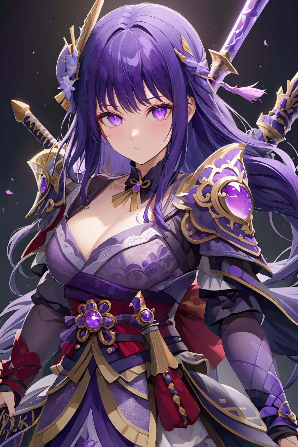 (purple eyes),  purple hair, 16k, masterpiece, textured skin, multiple swords, embellished costume, Award winning photos,  extremely detailed,  stunning,  intricate details,  absurd,  highly detailed woman,  extremely detailed eyes and face,  dazzling red eyes,  detailed clothing, (detailed clothing,  tightly holding sword in hand:1.5), leishen, purple eyes,  purple hair, old, mature female, sadness, <lora:EMS-27560-EMS:0.700000>