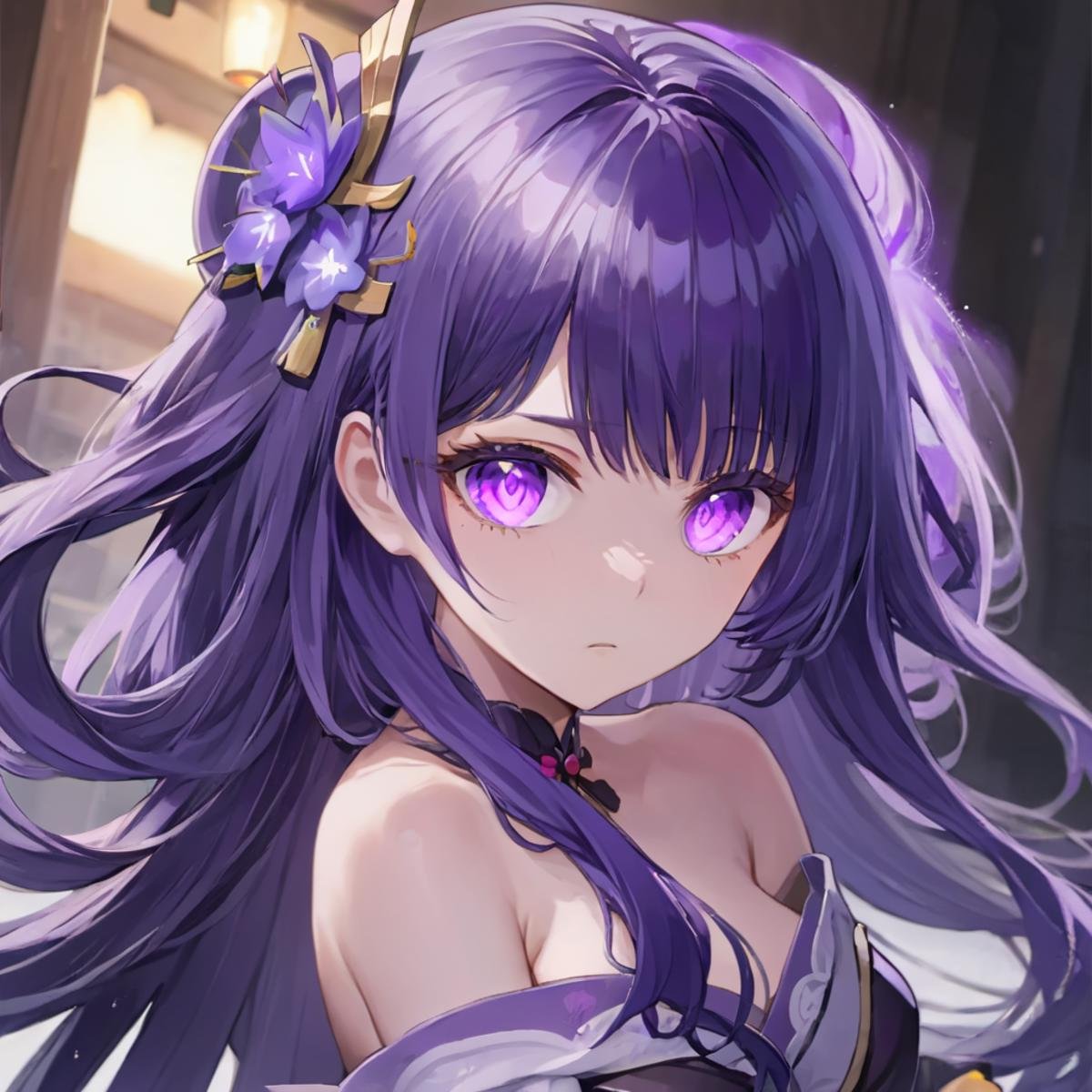 leishen,  1girl,  raiden shogun,  solo,  hair ornament,  purple eyes,  purple hair, <lora:EMS-27560-EMS:0.700000>