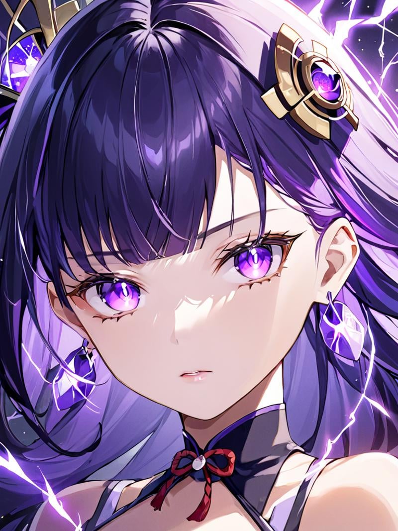 ultra-detailed,(best quality),((masterpiece)),(highres),original,extremely,<lora:leishen20:0.7>,leishen2,1girl,solo,raiden shogun,purple eyes,purple hair,looking at viewer,earrings,jewelry,long hair,parted lips,bangs,hair ornament,portrait,mole under eye,mole,upper body,electricity,eyelashes,hair between eyes,