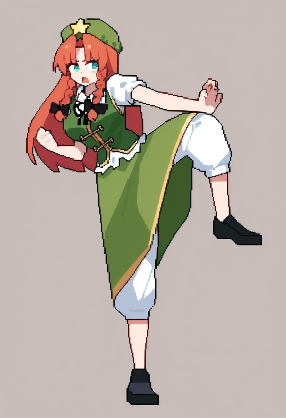 masterpiece,best quality,very aesthetic,absurdres,<lora:hong_meiling:1>,full_body,solo,star_hat_ornament,short_sleeves,animated,video,idle_animation,shoes,hong_meiling,fighting_stance,green_shirt,grey_background,open_mouth,beret,green_hat,looping_animation,1girl,pixel_art,white_pants,green_skirt,