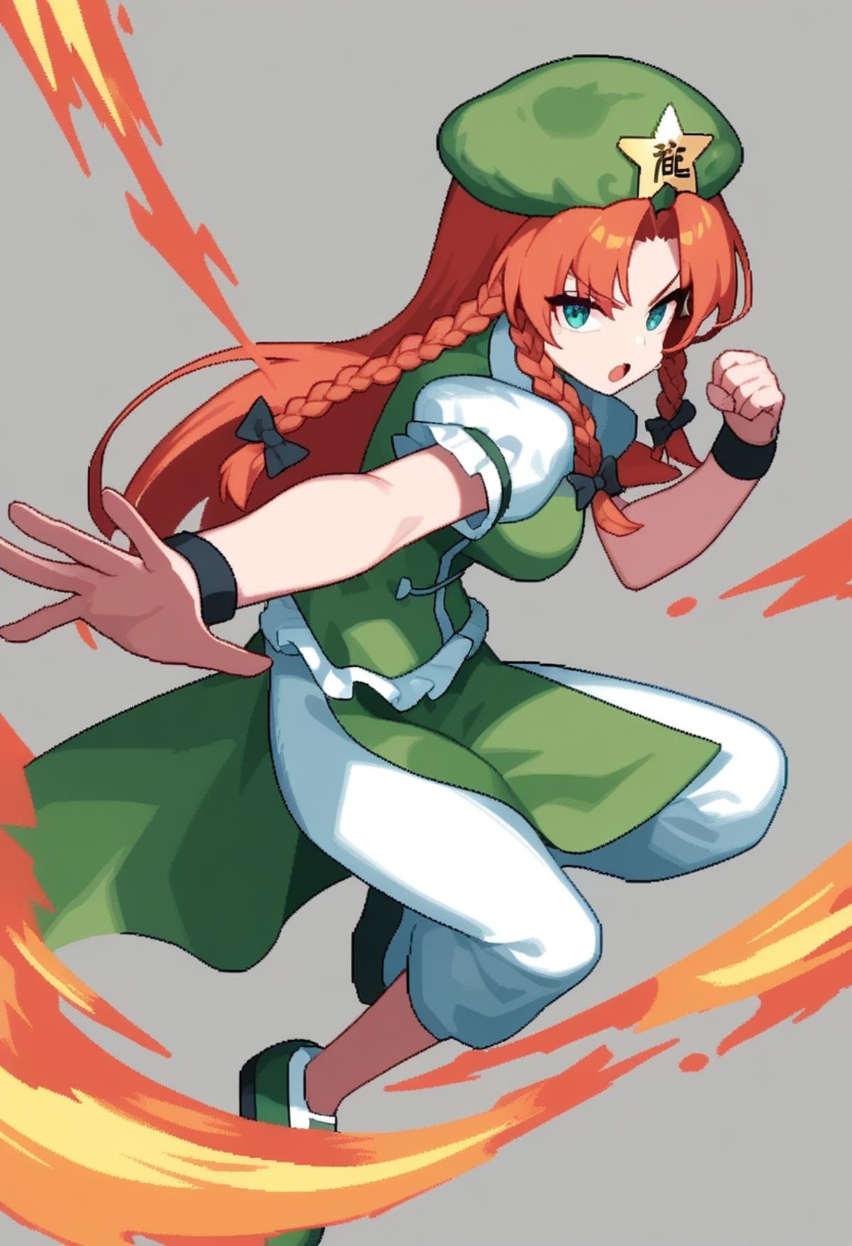 masterpiece,best quality,very aesthetic,absurdres,<lora:hong_meiling:1>,full_body,solo,star_hat_ornament,short_sleeves,animated,twitter_username,video,idle_animation,shoes,hong_meiling,fighting_stance,green_shirt,grey_background,open_mouth,beret,green_hat,looping_animation,1girl,pixel_art,white_pants,green_skirt,