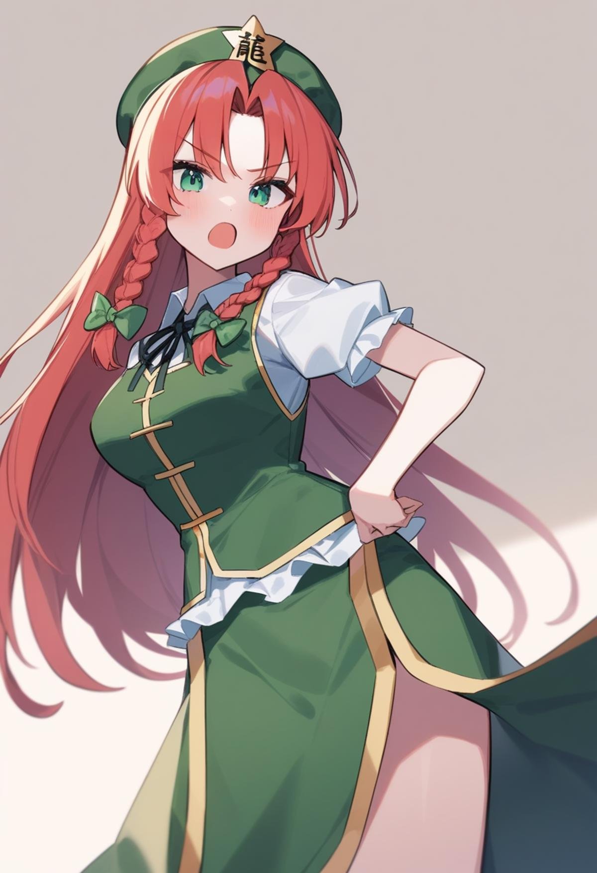 masterpiece,best quality,very aesthetic,absurdres,<lora:hong_meiling:1>,white_background, star_hat_ornament, short_sleeves, bad_id, highres, green_bow, cowboy_shot, side_braids, hong_meiling, hair_bow, green_vest, white_shirt, open_mouth, bad_pixiv_id, v-shaped_eyebrows, simple_background, looking_at_viewer, standing, absurdres, beret, commentary, green_hat, 1girl, twin_braids, solo, neck_ribbon, green_skirt