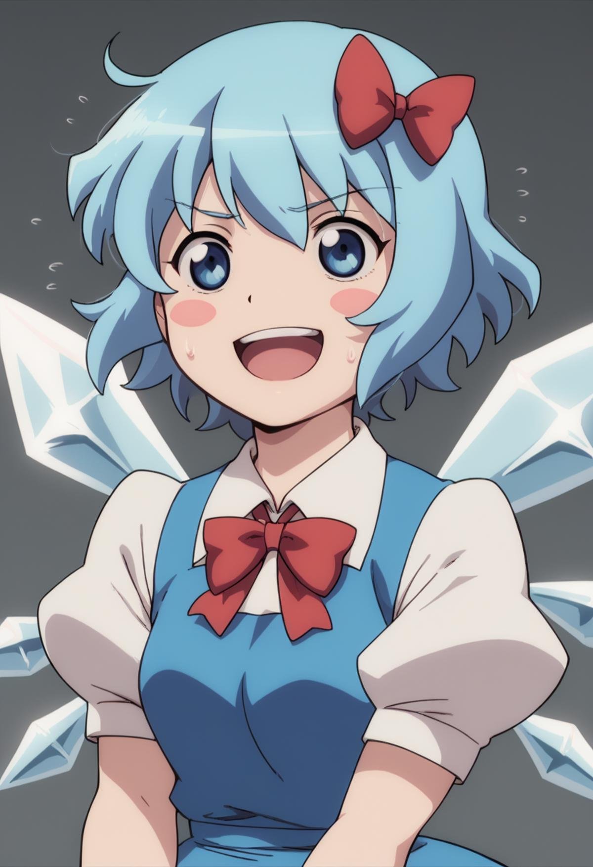 score_9,score_8_up,score_7_up,<lora:touhou_tgm:1>,anime coloring, 1girl, cirno, solo, blue hair, blue eyes, open mouth, wings, blush stickers, bow, hair bow, short hair, blue bow, smile, ice wings, sweatdrop, ice, parody, ribbon, shirt, red ribbon, neck ribbon, sweat, style parody, white shirt, collared shirt, :d, blue dress, puffy sleeves, dress