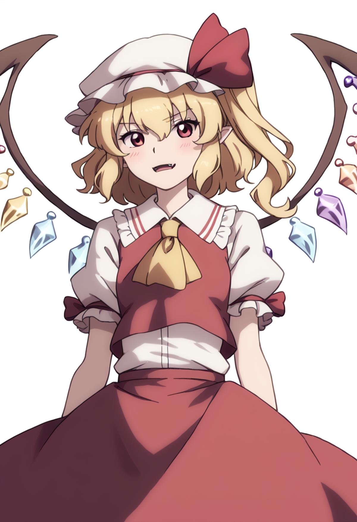 score_9,score_8_up,score_7_up,<lora:touhou_tgm:1>,anime coloring,<lora:Touhou_pony:1>,flandre_scarlet, 1girl, touhou, mob_cap, yellow_ascot, red_ribbon, puffy_short_sleeves, red_skirt, white_hat, red_vest, white_shirt, hat_ribbon, crystal_wings, crystal