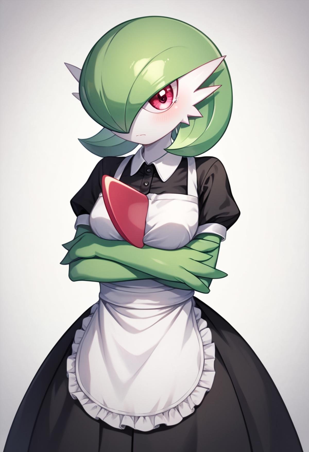 score_9, score_8_up, score_7_up,  <lora:gardevoir:1>，black_apron, black_shirt, bob_cut, crossed_arms, gardevoir, green_hair, hair_over_one_eye, highres, looking_at_viewer, pink_eyes, pokemon_\(creature\), polo_shirt, sad, short_sleeves, simple_background, solo, teardrop, waist_apron, white_background, white_skin