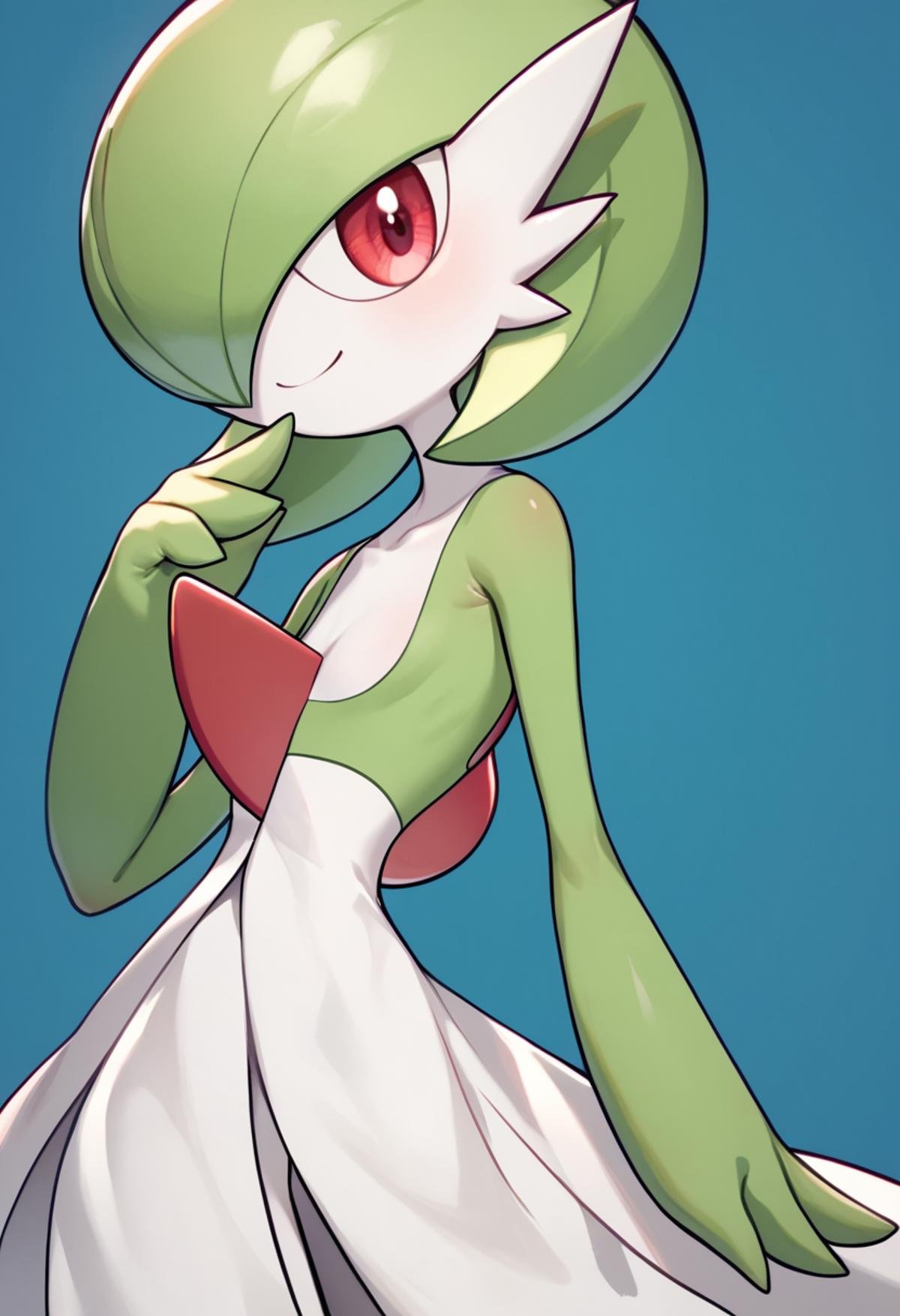 score_9, score_8_up, score_7_up,  <lora:gardevoir:1>，1girl, arm_at_side, blue_background, bob_cut, closed_mouth, commentary_request, flat_chest, from_side, gardevoir, green_hair, green_skin, hair_over_one_eye, hand_to_own_mouth, hand_up, happy, looking_at_viewer, one_eye_covered, partial_commentary, pokemon_\(creature\), red_eyes, short_hair, smile, solo, standing, two-tone_skin, white_skin