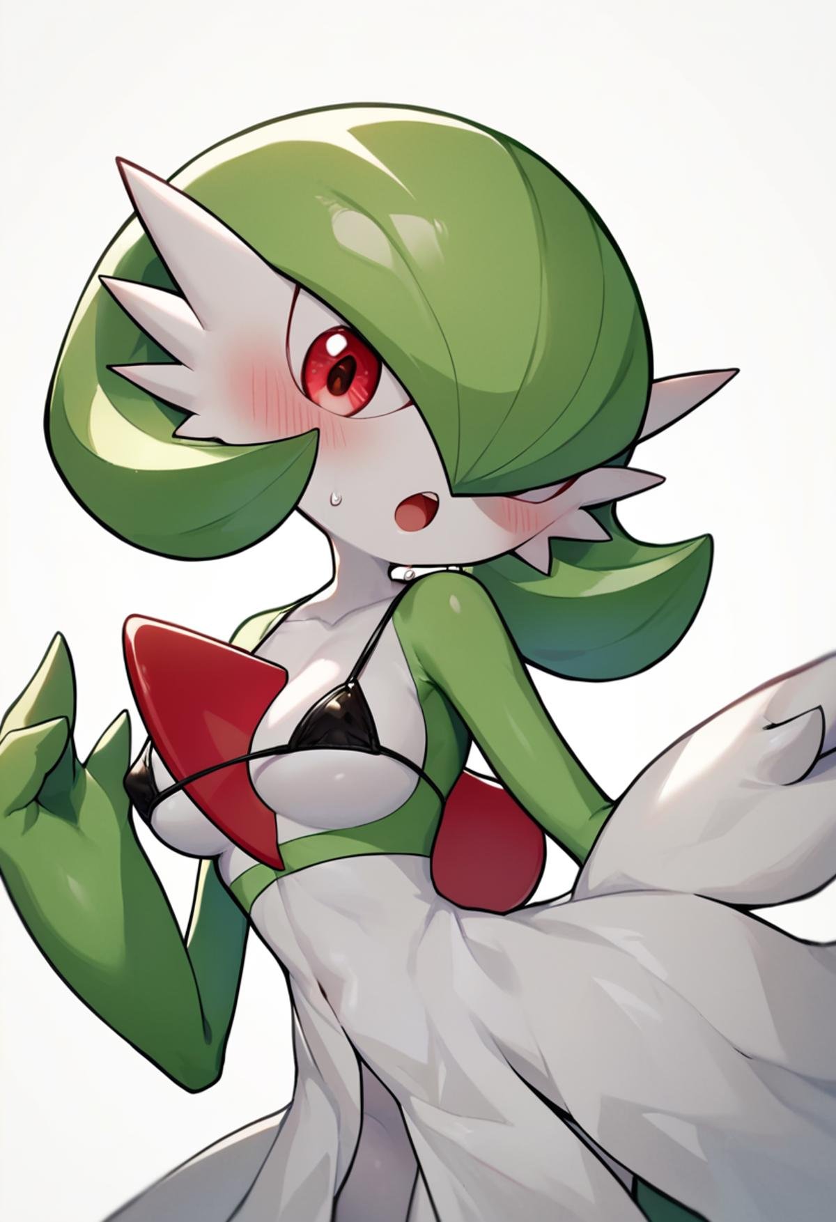 score_9, score_8_up, score_7_up,  <lora:gardevoir:1>，1girl, absurdres, black_bikini, blush, dress, gardevoir, highres, looking_at_viewer, micro_bikini, narrow_waist, open_mouth, pokemon_\(creature\), red_eyes, simple_background, solo, sweatdrop, white_background, white_skin