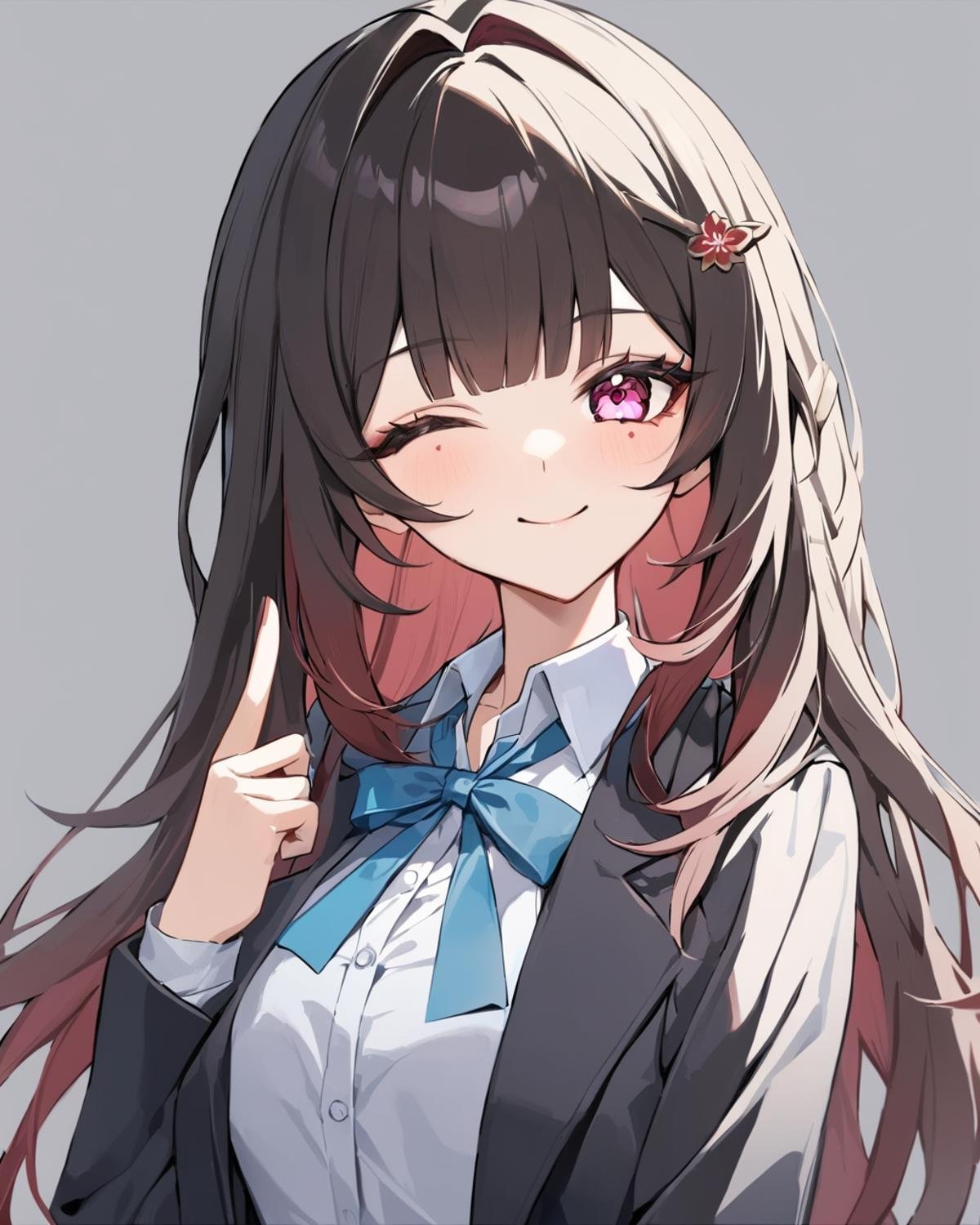 masterpiece, best quality,<lora:sparkle_v3:1>,one_eye_closed, closed_mouth, sidelocks, honkai_(series), black_jacket, blazer, white_background, looking_at_viewer, ribbon, honkai:_star_rail, 1girl, simple_background, neck_ribbon, blue_ribbon, solo, jacket, white_shirt, open_jacket, sparkle_(honkai:_star_rail), hair_ornament, smile, open_clothes, portrait, shirt, hairclip, collared_shirt