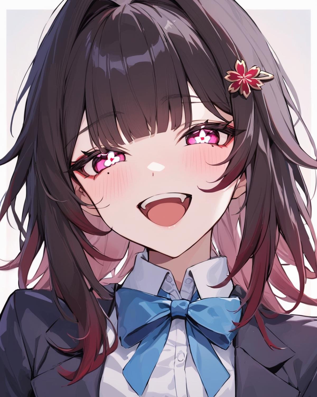 masterpiece, best quality,<lora:sparkle_v3:1>,x-shaped_pupils, grin, sidelocks, honkai_(series), symbol-shaped_pupils, black_jacket, blazer, white_background, hair_intakes, looking_at_viewer, ribbon, honkai:_star_rail, 1girl, school_uniform, blush, simple_background, neck_ribbon, blue_ribbon, outside_border, solo,  jacket, :d, white_shirt, open_jacket, sparkle_(honkai:_star_rail), smile, open_clothes, teeth, portrait, shirt, inset_border, collared_shirt 