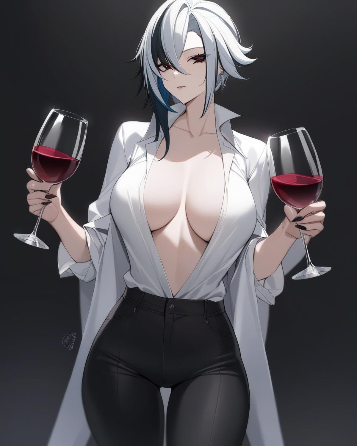 masterpiece,best quality,<lora:arlecchino_xl:1>,1girl,wine_glass,open_shirt,holding_cup,black_background,black_pants,white_shirt,arlecchino_\(genshin_impact\),solo,highres,long_shirt,