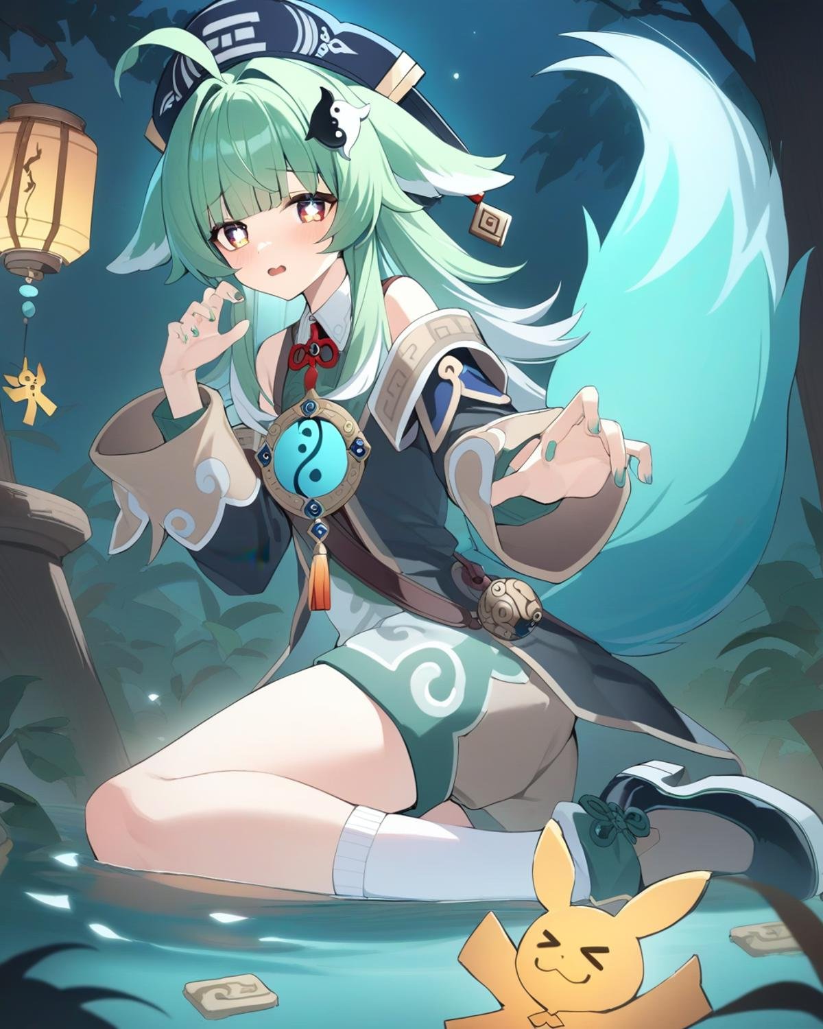 masterpiece,best quality,<lora:star_rail_all:1>,1girl, fox girl, green hair, yin yang hair ornament, ahoge, hat, shorts, tassel, absurdres, black footwear, fish, fox ears, green nails, highres, honkai: star rail, honkai \(series\), huohuo \(honkai: star rail\), , lantern, long sleeves, paw-shaped pupils, tail \(honkai: star rail\), white socks, yellow eyes