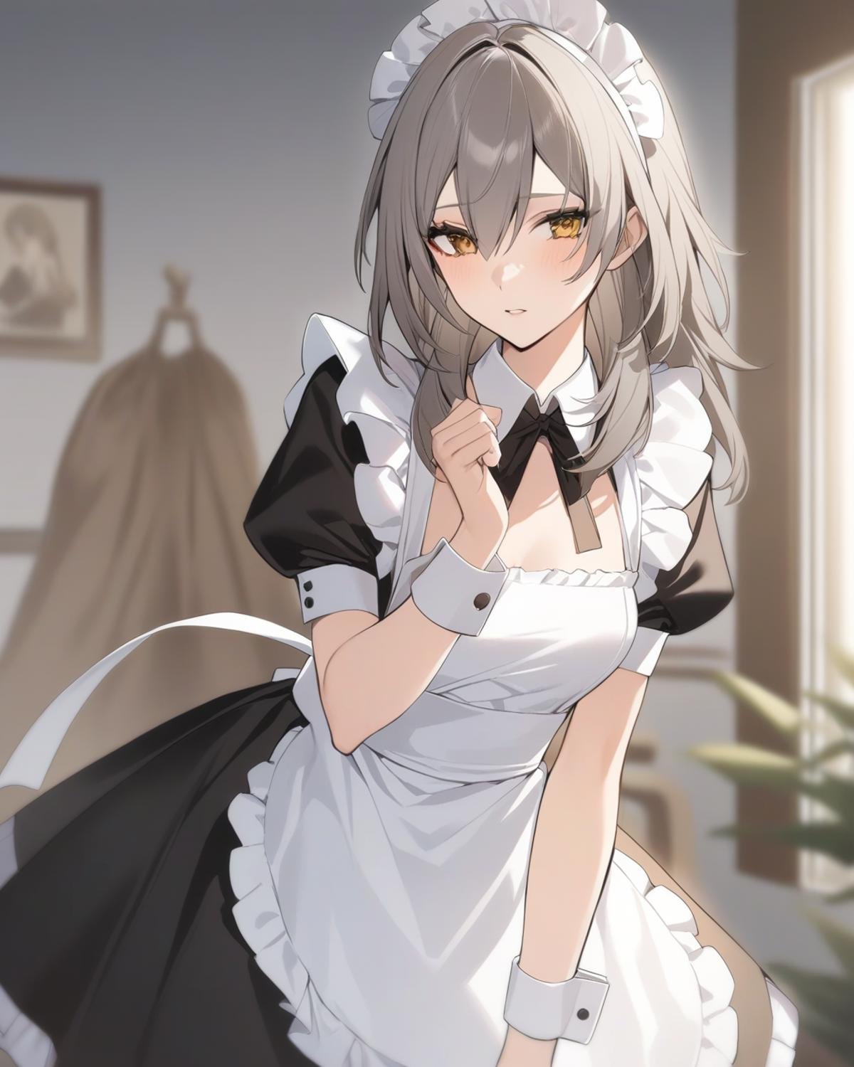 masterpiece,best quality,<lora:star_rail_all:1>,1girl, maid, maid apron, maid headdress, grey hair, medium hair, alternate costume, black dress, broom, frilled apron, hair between eyes, highres, honkai: star rail, honkai \(series\), juliet sleeves, stelle \(honkai: star rail\), trailblazer \(honkai: star rail\), waist apron, white apron, wrist cuffs, yellow eyes