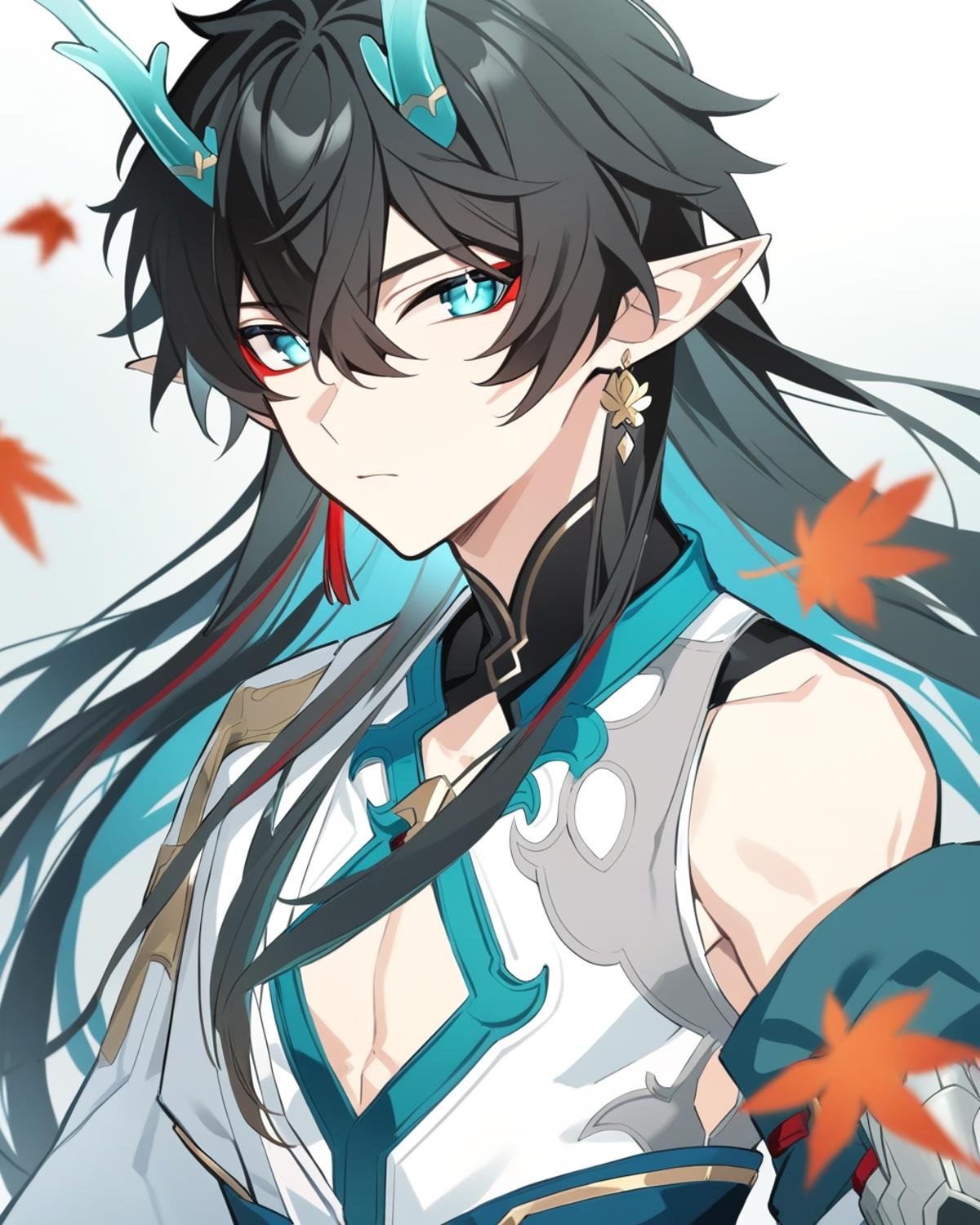 masterpiece,best quality,<lora:star_rail_all:1>,1boy,solo,upper body,expressionless,black hair,long hair,earrings,absurdres,blue eyes,chinese clothes,closed mouth,dan heng \(honkai: star rail\),dan heng \(imbibitor lunae\) \(honkai: star rail\),detached sleeves,dragon boy,dragon horns,eyeliner,green horns,highres,honkai: star rail,honkai \(series\),looking at viewer,male focus,maple leaf,pointy ears,red eyeliner,white background,white shirt,