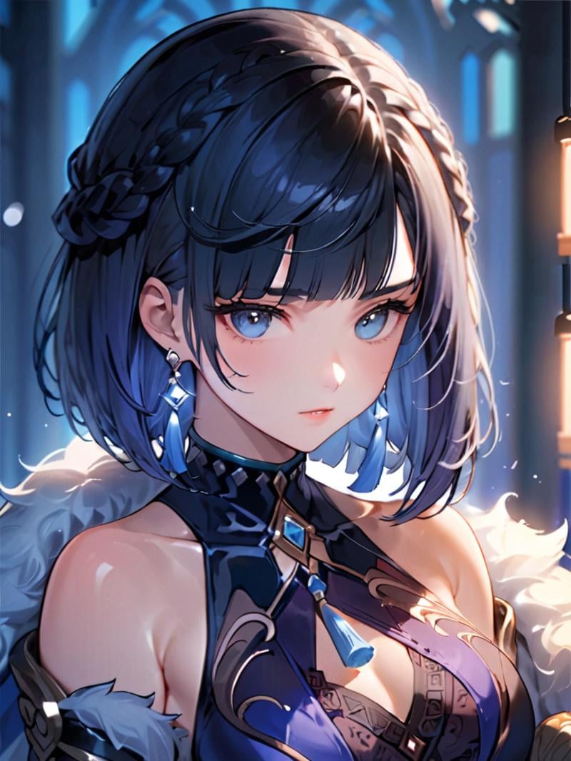 ultra-detailed,(best quality),((masterpiece)),(highres),original,extremely detailed 8K wallpaper,(an extremely delicate and beautiful),best_hand,anime,1girl, <lora:Yelan:1>,(\ye lan\),girl, solo, portrait, jewelry, earrings, looking at viewer, bangs, gloves, braid, fingerless gloves, black gloves, eyelashes, fur trim, close-up, tassel