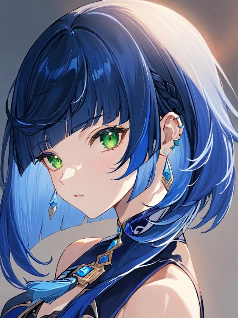 ultra-detailed,(best quality),((masterpiece)),(highres),original,extremely,<lora:yelan2_xl:1>,yelan,1girl,yelan (genshin impact),green eyes,blue hair,multicolored hair,bangs,blunt bangs,earrings,