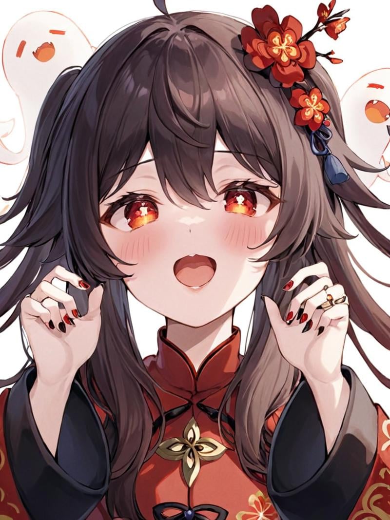 ultra-detailed,(best quality),((masterpiece)),(highres),original,extremely,<lora:hutao2x_xl:1>,hutao, 1girl, white background, blush, ghost, simple background, holding hair, long sleeves, holding, symbol-shaped pupils, looking at viewer, hair ornament, solo, red eyes, flower-shaped pupils, open mouth, flower, chinese clothes, tassel, nail polish, upper body, alternate hairstyle