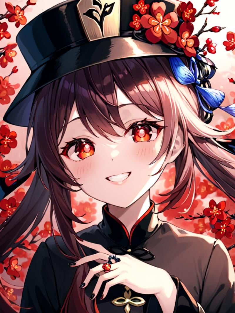 ultra-detailed,(best quality),((masterpiece)),(highres),original,extremely,<lora:hutao2x_xl:1>,hutao,1girl,jewelry,hat,flower,red eyes,solo,looking at viewer,plum blossoms,symbol-shaped pupils,bug,long sleeves,butterfly,flower-shaped pupils,nail polish,black headwear,red flower,upper body,hat flower,porkpie hat,beads,smile,chinese clothes,