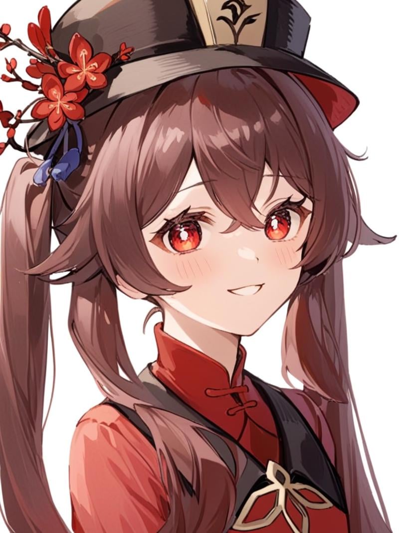 <lora:胡桃:1>，1girl, hu_tao_\(genshin_impact\), red_eyes, solo, brown_hair, hat, smile, symbol-shaped_pupils, long_hair, flower, simple_background, twintails, flower-shaped_pupils, bangs, closed_mouth, white_background, hair_between_eyes, portrait, red_flower, red_shirt, porkpie_hat, plum_blossoms