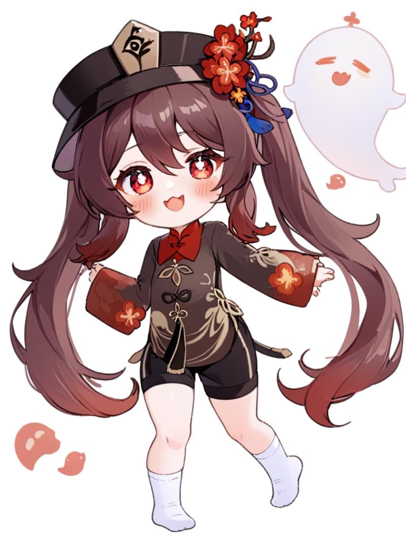 <lora:胡桃:1>，1girl, hu_tao_\(genshin_impact\), ghost, boo_tao_\(genshin_impact\), hat, chibi, red_eyes, brown_hair, twintails, solo, long_hair, symbol-shaped_pupils, simple_background, long_sleeves, looking_at_viewer, smile, white_background, flower, shorts, hat_flower, open_mouth, blush_stickers, black_shorts, :d, socks, ghost_pose, bangs, full_body, sidelocks, hair_between_eyes, :3, chinese_clothes, white_socks