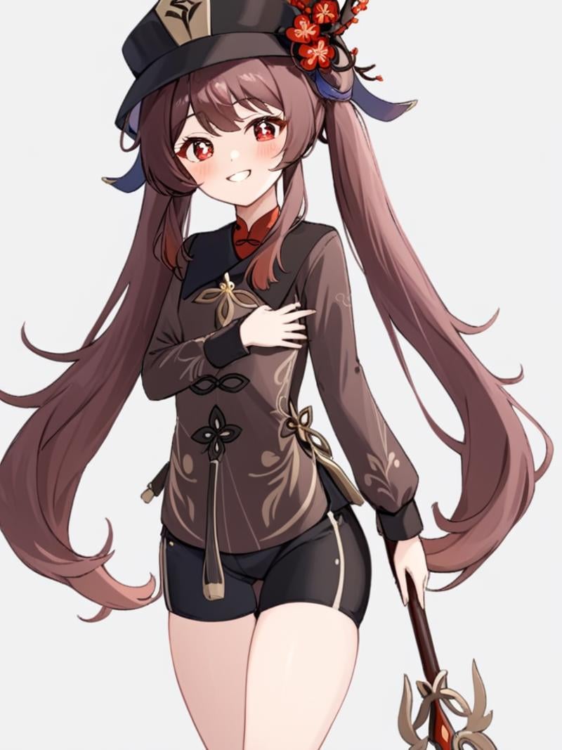 <lora:胡桃:1>，1girl, hu_tao_\(genshin_impact\), solo, shorts, hat, smile, flower, brown_hair, twintails, red_eyes, arms_behind_back, symbol-shaped_pupils, long_hair, black_shorts, looking_at_viewer, weapon, simple_background, long_sleeves, holding, short_shorts, plum_blossoms, black_headwear, shirt, white_background, blush, very_long_hair, cropped_legs, holding_weapon, polearm, bangs