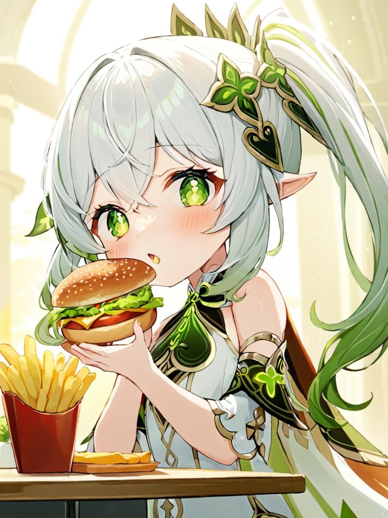 ultra-detailed,(best quality),((masterpiece)),(highres),original,extremely,<lora:naxida2_xl:1>,naxida, nahida (genshin impact), burger, 1girl, food, pointy ears, eating, green eyes, symbol-shaped pupils, side ponytail, hair ornament, cross-shaped pupils, long hair, white hair, multicolored hair, table, female child, holding, blush, blurry, bangs, holding food, solo, hair between eyes, dress, gradient hair, green hair, blurry background, detached sleeves, white dress, sidelocks, french fries, cape, motion lines, depth of field