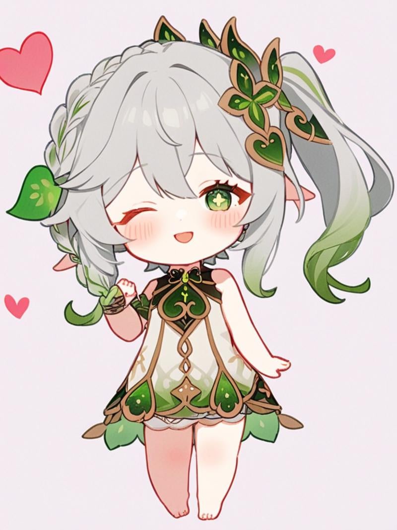 <lora:纳西妲:1>，nahida_\(genshin_impact\), green_eyes, one_eye_closed, heart, hair_ornament, 1girl, smile, symbol-shaped_pupils, green_hair, side_ponytail, blush, bangs, chibi, pointy_ears, multicolored_hair, leaf_hair_ornament, grey_hair, solo, hair_between_eyes, white_hair, long_hair, white_dress, ;\), closed_mouth, braid, cross-shaped_pupils, looking_at_viewer