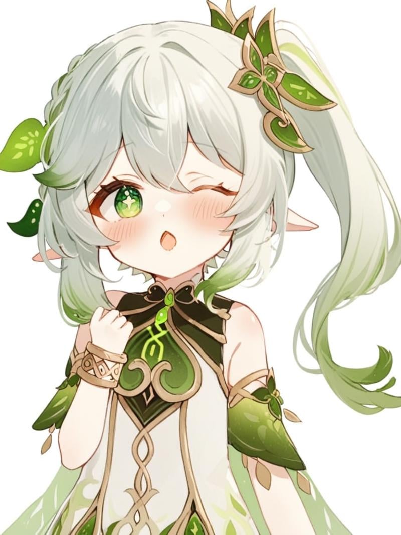 <lora:纳西妲:1>1girl, nahida_\(genshin_impact\), solo, one_eye_closed, green_eyes, multicolored_hair, side_ponytail, hair_ornament, pointy_ears, symbol-shaped_pupils, white_background, leaf_hair_ornament, white_hair, gradient_hair, green_hair, looking_at_viewer, simple_background, blush, cross-shaped_pupils, jewelry, ;o, bracelet, bangs, long_hair, dress, female_child, upper_body, white_dress, detached_sleeves, open_mouth, hair_between_eyes