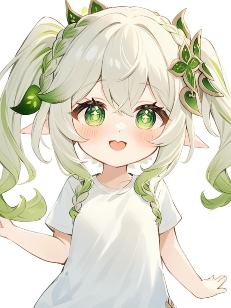 <lora:纳西妲:1>，nahida_\(genshin_impact\), 1girl, green_eyes, pointy_ears, shirt, multicolored_hair, white_hair, white_shirt, side_ponytail, simple_background, short_sleeves, white_background, smile, green_hair, hair_ornament, symbol-shaped_pupils, braid, blush, long_hair, alternate_costume, bangs, t-shirt, gradient_hair, open_mouth, leaf_hair_ornament, female_child, hair_between_eyes