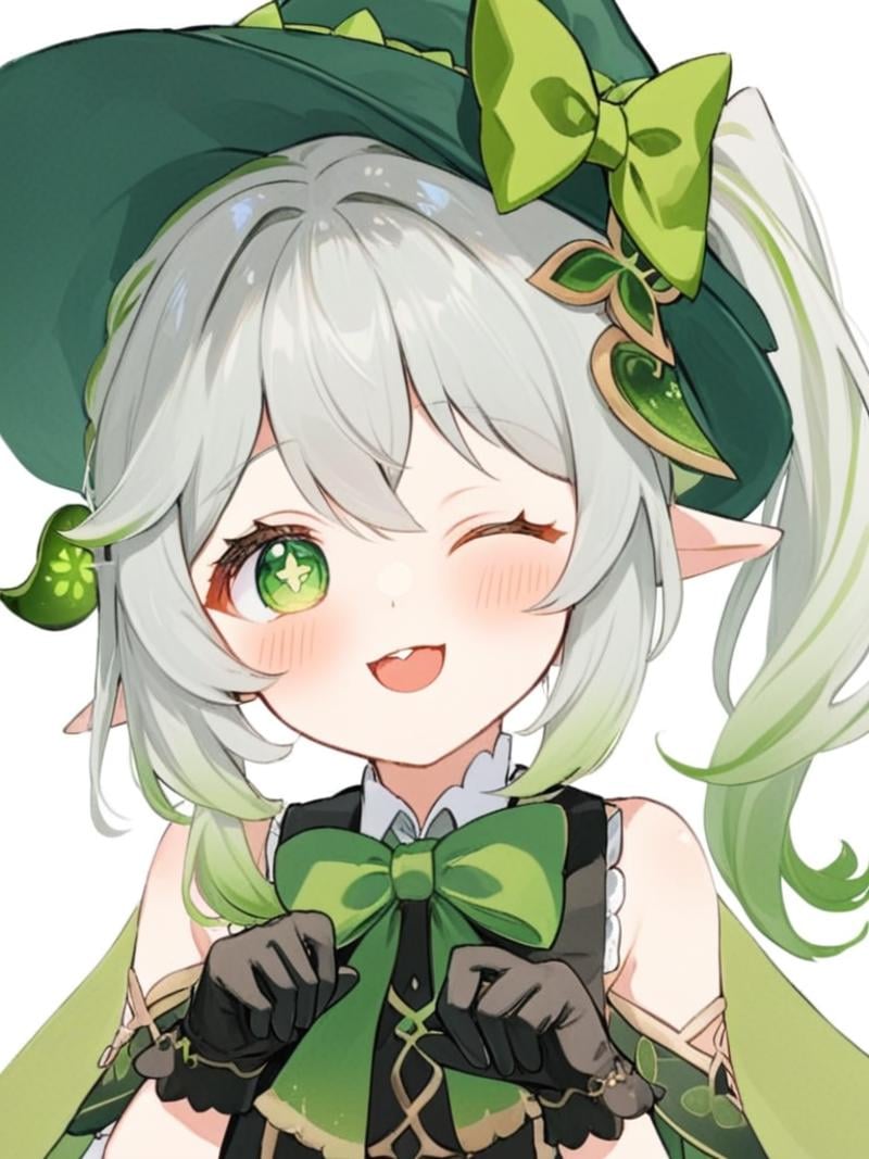 <lora:纳西妲:1>，1girl, nahida_\(genshin_impact\), hat, green_eyes, solo, pointy_ears, witch_hat, one_eye_closed, multicolored_hair, gloves, white_background, green_bow, simple_background, bow, long_hair, smile, black_gloves, green_hair, looking_at_viewer, open_mouth, cross-shaped_pupils, symbol-shaped_pupils, green_headwear, bangs, white_hair, green_cape, gradient_hair, side_ponytail, hat_bow, teeth, streaked_hair, green_bowtie, blush, upper_body, grey_hair