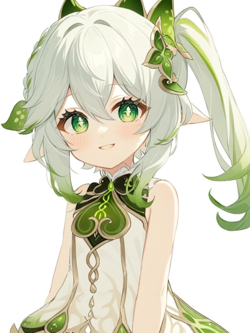 <lora:纳西妲:1>，1girl, solo, nahida_\(genshin_impact\), multicolored_hair, green_eyes, simple_background, animal_ears, dress, white_background, white_hair, gradient_hair, looking_at_viewer, side_ponytail, hair_ornament, white_dress, symbol-shaped_pupils, sleeveless, pointy_ears, long_hair, sleeveless_dress, bangs, cat_ears, green_hair, kemonomimi_mode, hair_between_eyes, ahoge, smile, animal_ear_fluff